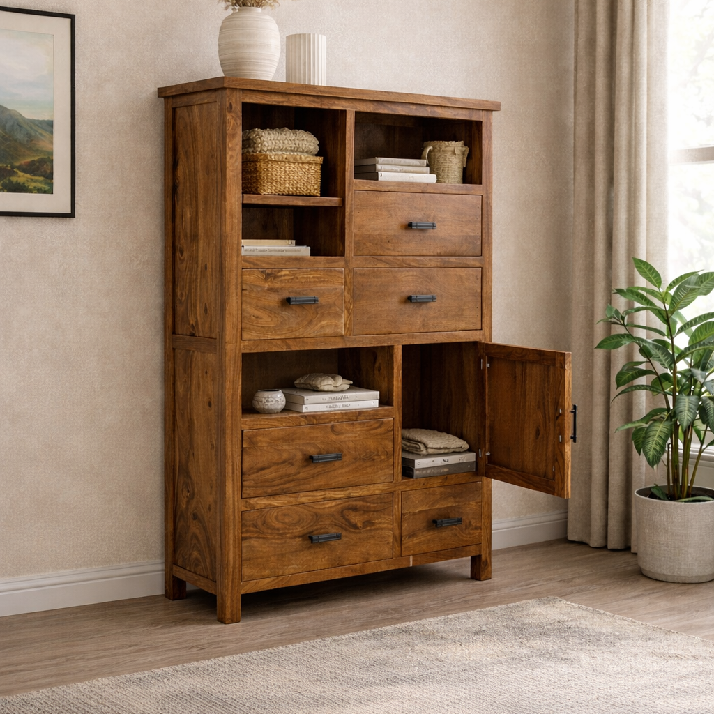 Angel Furniture Solid Sheesham Wood Vertical Storage Cabinet Large